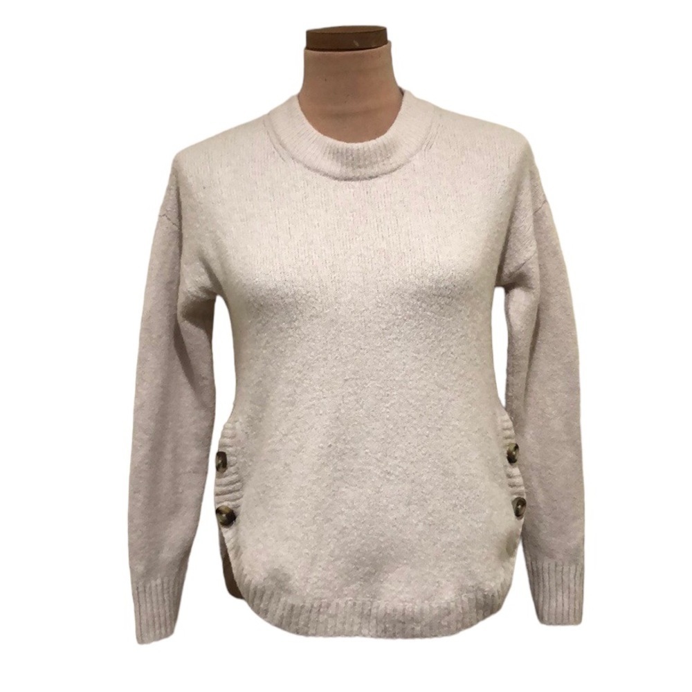 Madewell Cream Crewneck Sweater with Side Button Detail